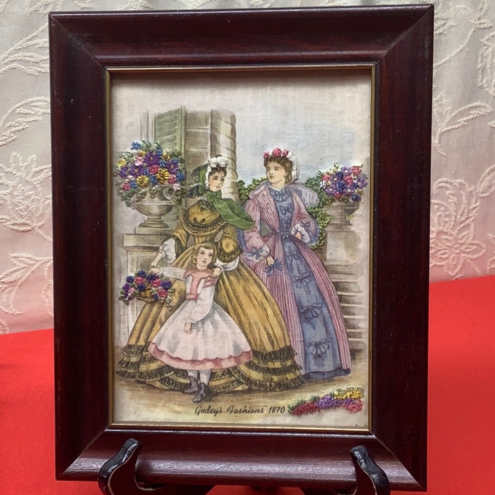 Vintage 8 x 10”. Rare find. Godey’s Fashion 1870 fabric print with embro…